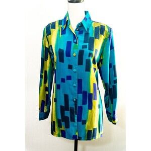 Vintage Liz Baker Shirt Medium Button up abstract Blue Yellow Shirt art to wear